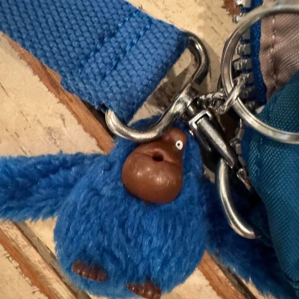 Kipling Blue Crinkle Nylon Crossbody Bag with Monkey Keychain Dual Handle